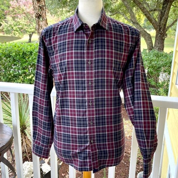 UNTUCKIT Rustico Wrinkle Free Burgundy/Blue plaid Long Sleeve shirt. Like new. - Picture 1 of 8